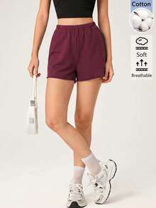 SHEIN BASICS 女款戶外休閒基礎款鬆緊腰短褲 夏季女裝 日常居家工作居家休閒 紅酒色 - 酒紅色 - 查看 7