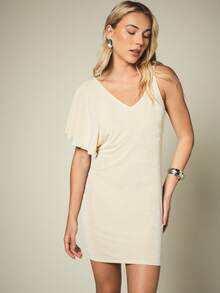 KSTM Asymmetric One-Sleeve Flutter Mini Dress V-Neck Bodycon Silhouette Summer Party Cocktail Night Out Evening White Elegant Sexy - Apricot - View 4