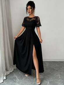 SHEIN Elenzya Vestido ajustado de manga corta casual con parches de encaje y abertura para mujer - Negro - Ver 4