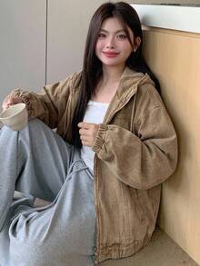 Dazy Plus 淺洗藍色連帽拉鍊寬鬆燈籠袖收口下擺牛仔夾克大尺碼女款 - 卡其色 - 查看 2
