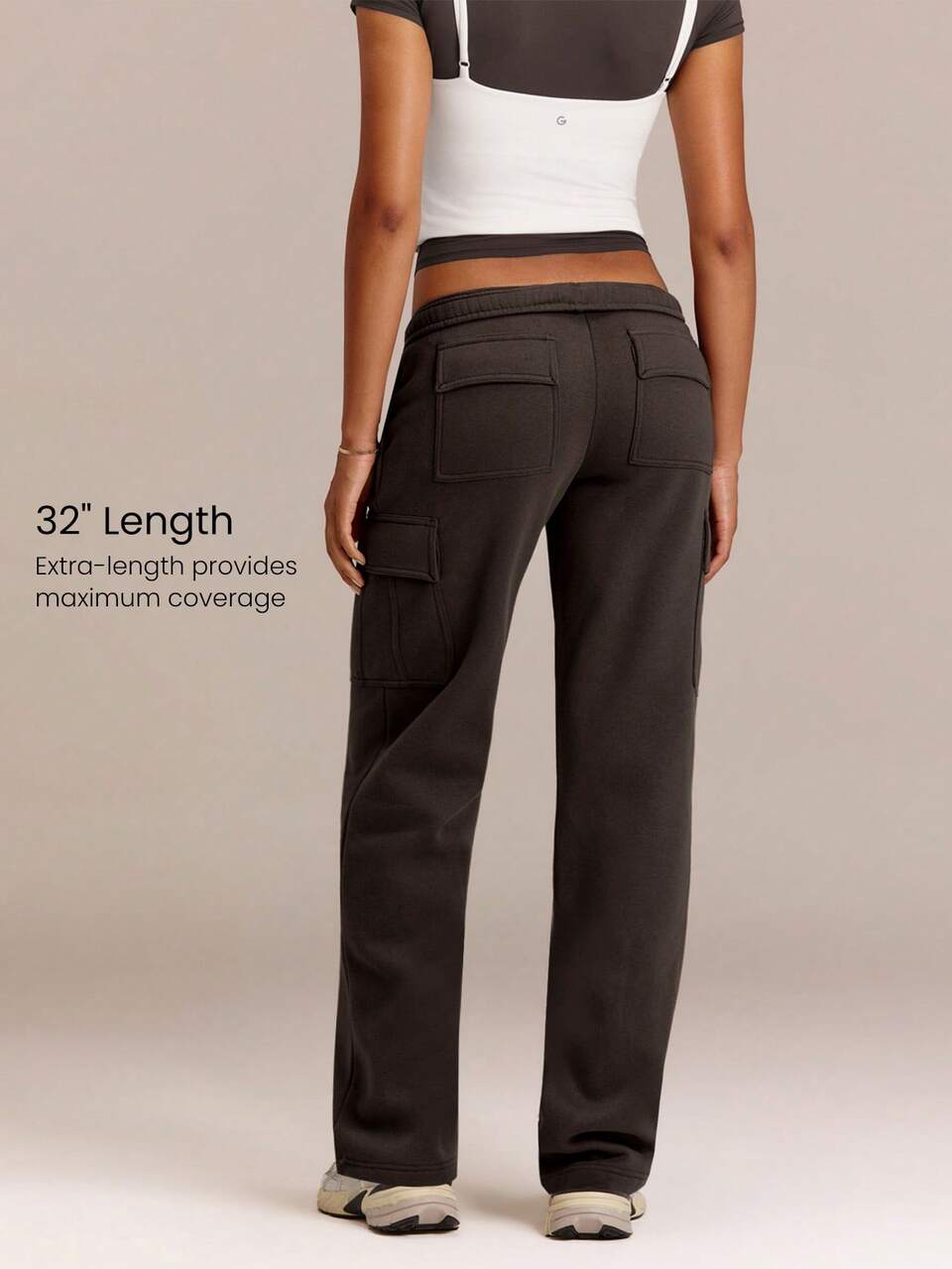 32" Tall Everyday Fleece Cozy Comfort Wide-Leg Cargo Pants With Adjustable Drawstring Waist & Multi-Pocket Design Daily Casual
