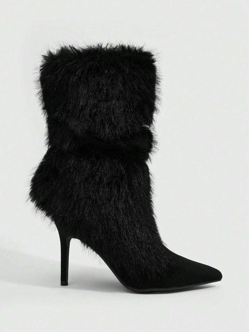 CUCCOO SZL Women Shoes Pointed High Heel Black Hairy Face Strap Medium Boots Fashion Gorgeous Sexy Nightclub Party Low Boots Fur Boots Hair Boots Women's Medium