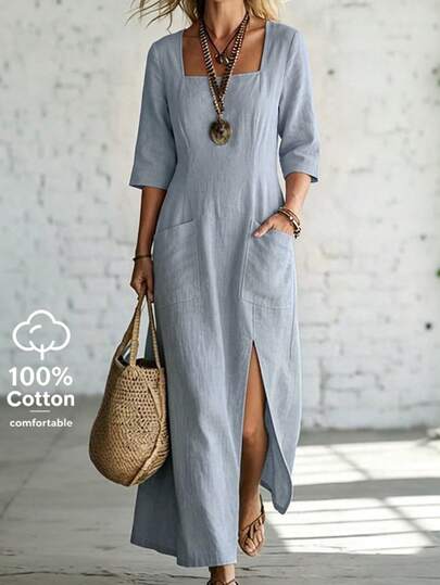 Ceyna Plus Size Women's New Fashion Casual Linen Blue Square Neck 3/4 Sleeve Pocket Hem Slit Long Dress Fall