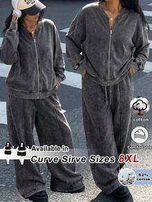 SHEIN CURVE+ 大尺碼休閒水洗雪花棒球夾克與寬鬆長褲套裝，秋季穿搭 - 黑色 - 查看 1