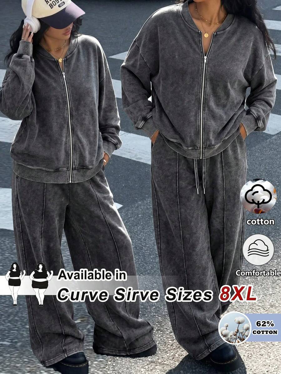 SHEIN CURVE+ 大尺碼休閒水洗雪花棒球夾克與寬鬆長褲套裝,秋季穿搭 - 黑色 - 查看 1