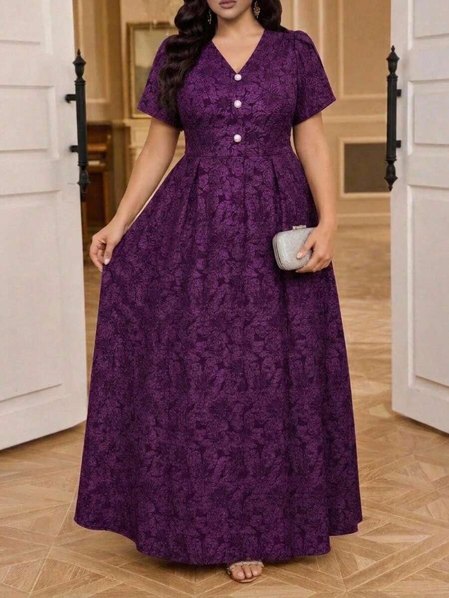 Reflora Plus Size Women's Jacquard V-Neck Petal Short Sleeve Elegant Dress Formal Tea Party Dark Purple Summer