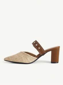 CUCCOO CHICEST Spring And Summer New Linen Pointed Toe Women's High Heels Shoes Mule Shoes Leather Buckle Thick Heel Slouchy Shoes Retro Casual Dating Party Fall Shoes - Brown - View 11