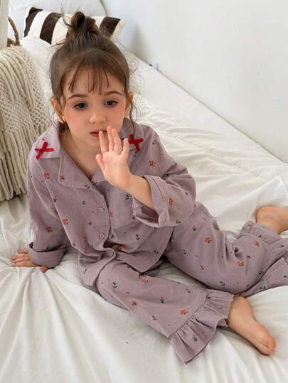 DAZY Young Girl Ditsy Floral Collared Single-Breasted Long Sleeve Top And Pants Loungewear