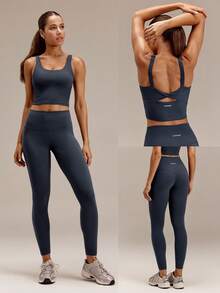 GLOWMODE FeatherFit™ Twist & Sculpt Matching Set With Twist-Back Sports Bra With Removable Cups & 24" High Rise Leggings Yoga Pilates Studio Active - Iron Gray - View 11