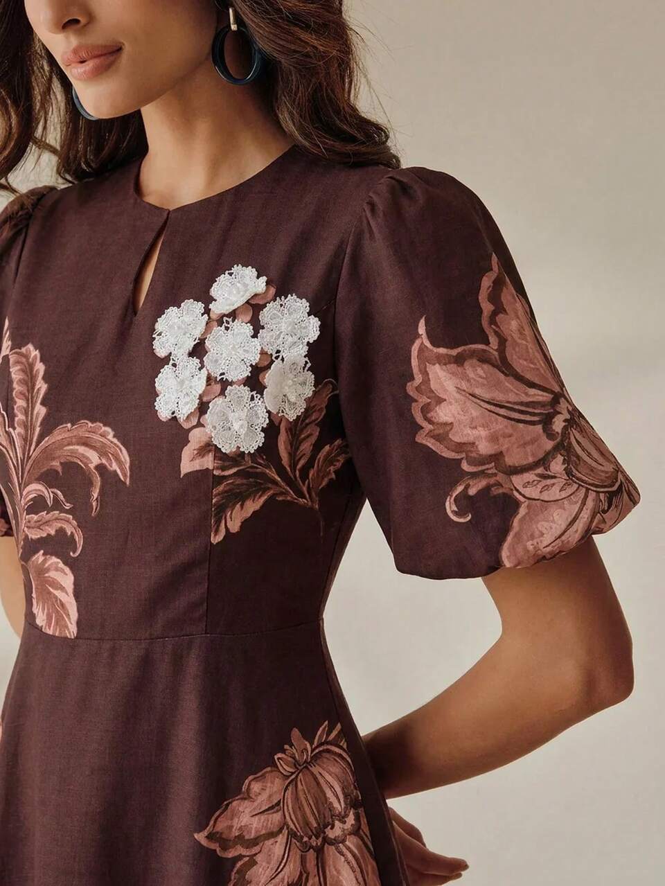 Anewsta Women's Spring/Summer Elegant Floral Placement Print Puff Short Sleeve A-Line Maxi Dress, Partial 3D Flower Decor, Casual Wear, Suitable For Daily, Holiday, Beach