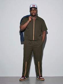 Modcrash Men's New 2-Piece Set, Minimalist Zipper Short Sleeve Top And Long Pants, Street Style Cool Casual Outdoor Daily Wear, Short Shirt And Long Pants, Plus Size - Army Green - View 5
