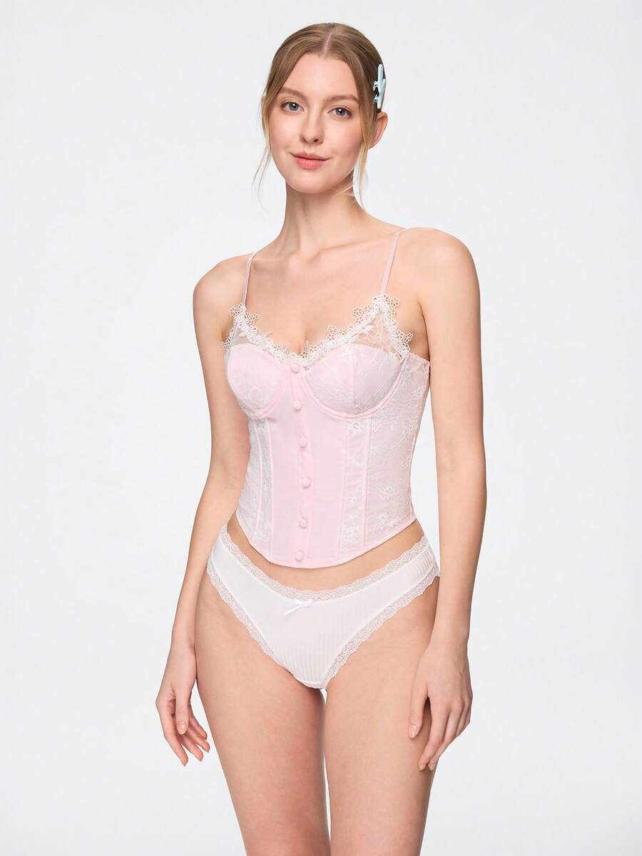 Bonmuse Spring/Summer Ins Fresh Sweet Style Lace Bustier With Underwire & Boning, Tight Waist Tie-Up Sexy Camisole Corset For Women - Baby Pink - View 1