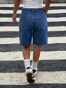 Teen Girl Loose Fit Bermuda Denim Shorts With Pockets - Dark Wash - View 2