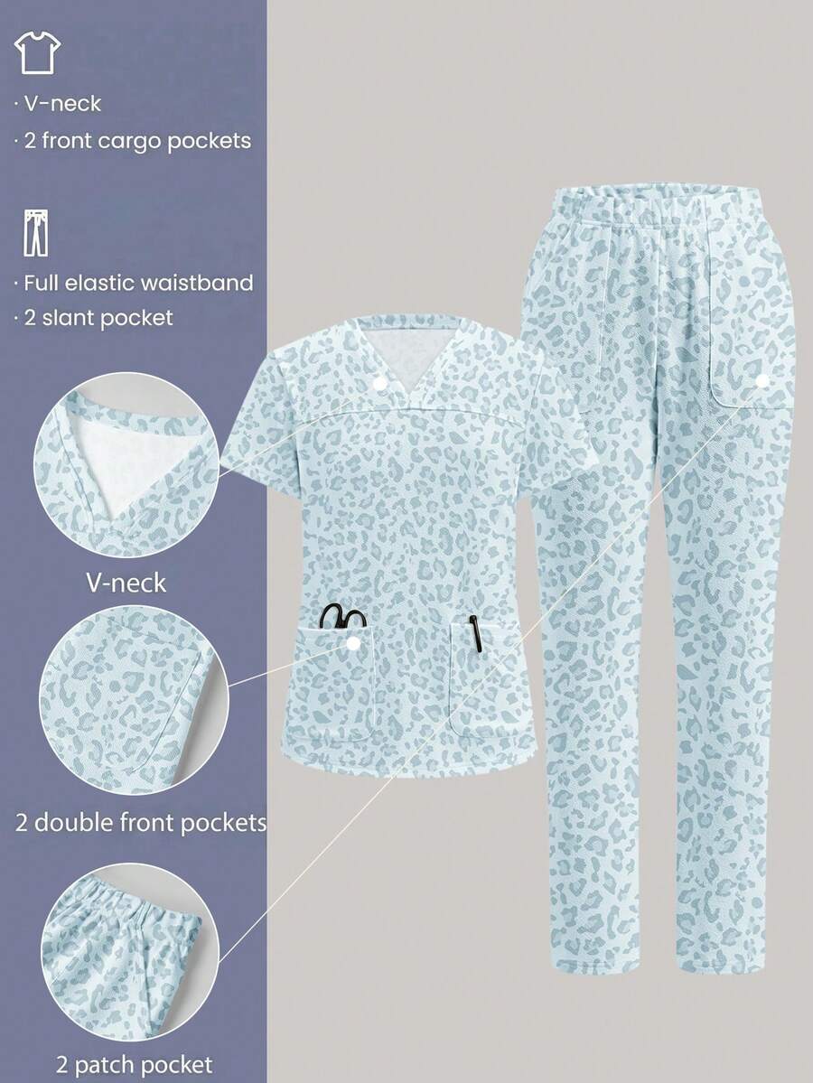 TaskEZ Conjunto de 2 piezas de pijama de manga corta con estampado de leopardo vintage y patrón lindo, adecuado para hospital de mascotas - Multicolor - Ver 1