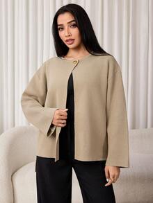 Veilorie Women's Solid Color Asymmetrical Shawl And Sweater Elegant Set - Khaki - View 3