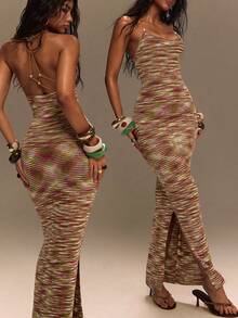 TypaGal Fall Boho Tropical European Festival Sexy Vacation Going Out Beach White And Pink And Striped, Fitted, Beaded, Open Back Women Sweater Dresses - Multicolor - View 3