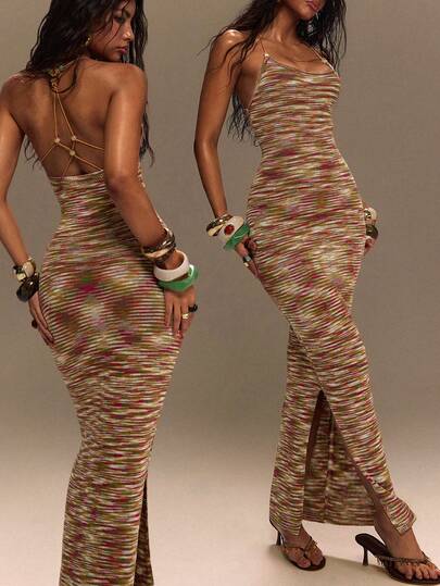 TypaGal Summer Boho Festival Y2K Holiday Ibiza Sexy Going Out Carnival Party Beach Vacation Brown, Green, Fitted, Beaded, Open Back Women Sweater Dresses