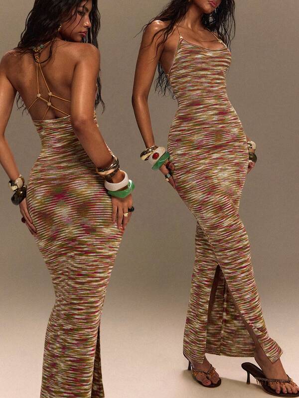 TypaGal Summer Boho Festival Y2K Holiday Ibiza Sexy Going Out Carnival Party Beach Vacation Brown, Green, Fitted, Beaded, Open Back Women Sweater Dresses