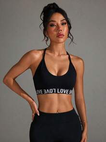 SHEIN Dewbera Women's Letter Print Criss-Cross Back Sports Tank Top - Black - View 6