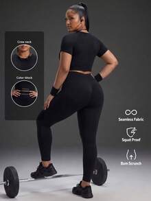 Powerista Women's Plus Size  Summer Gym And Workout Athletic Withe Letter Print Short Sleeve Top And High Waist Leggings Sport Set Casual Daily Sports Outfit - Black - View 2
