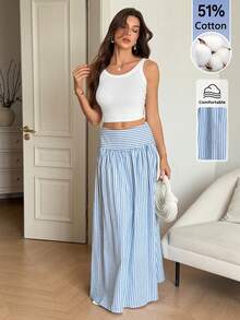SHEIN Tall Rok Lipit Bergaris Kasual Serbaguna untuk Wanita, Cocok untuk Sehari-hari - Blue and White - View 5