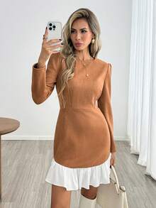 Easowa Women's Vintage Elegant Long Sleeve Ruffle Patchwork Dress For Business Office - Khaki - View 2