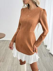 Easowa Women's Vintage Elegant Long Sleeve Ruffle Patchwork Dress For Business Office - Khaki - View 4