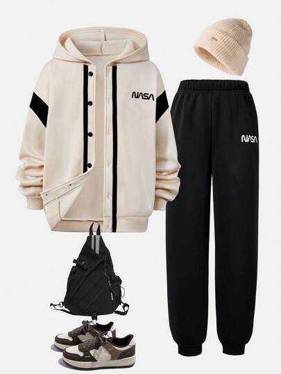 Conjunto de 2 piezas de sudadera con capucha minimalista casual color albaricoque con contraste para adolescentes, con pantalones negros, grosor moderado, adecuado para uso diario, otoño/invierno