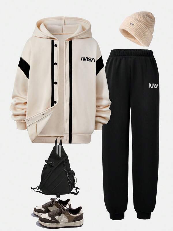 2pcs Teen Boys Casual Minimalist Apricot Contrast Hooded Sweatshirt Set With Black Pants, Moderate Thickness, Suitable For Daily Wear, Autumn/Winter