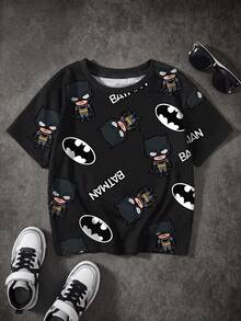 BATMAN X SHEIN 男童休闲圆领卡通字母印花短袖T恤，百搭日常穿着 - 白色 - 查看 1
