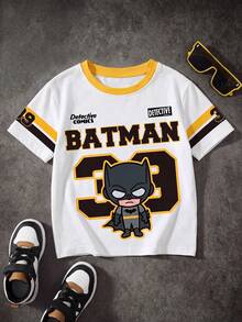 BATMAN X SHEIN 小男孩字母卡通圖案休閒日常短袖T恤 - 白色 - 查看 1
