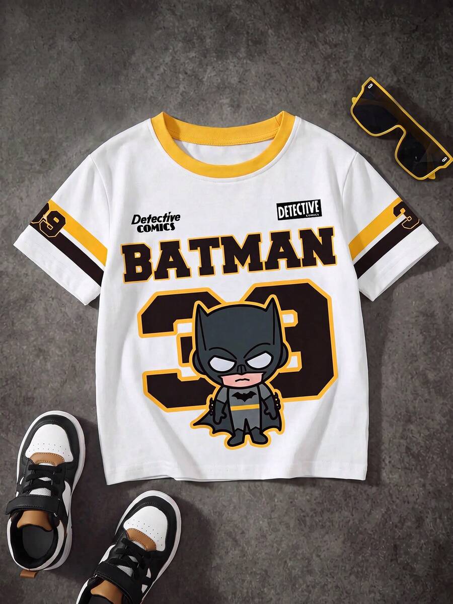 BATMAN X SHEIN 小男孩字母卡通圖案休閒日常短袖T恤 - 白色 - 查看 1