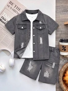 SHEIN 2pcs Tween Boys Denim Short Sleeve Shirt And Shorts Set, School, Campus, College - Grey - View 3