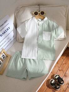 SHEIN 2pcs/Set Young Boy Casual Green & White Striped Patchwork Design Collared Short Sleeve Shirt And Shorts Set,Loose Fit,Summer Daily Outings Outfit - Multicolor - View 4