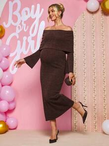 Loomaby Elegant Chic Casual Maternity Cold Shoulder Party Babyshower Baby Shower Photoshoot Dress For Women Gender Reveal Autumn Brown - Camel - View 4