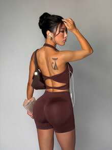 Mistrie Women's Solid Color Backless Halter Top And Shorts Sports Set - Brown - View 9