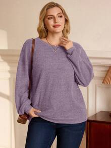 EMERY ROSE Plus Size Women Solid Color Round Neck Drop Shoulder Long Sleeve Casual Loose Sweatshirt - Dusty Purple - View 4
