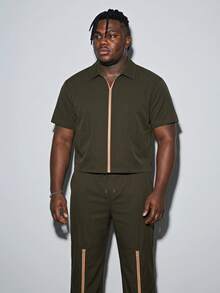 Modcrash Men's New 2-Piece Set, Minimalist Zipper Short Sleeve Top And Long Pants, Street Style Cool Casual Outdoor Daily Wear, Short Shirt And Long Pants, Plus Size - Army Green - View 6