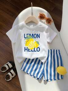 SHEIN Playful Pals 2件組男嬰夏季度假檸檬印花圓領T恤與彈性腰藍白條紋短褲可愛嬰幼兒服飾度假裝 - 彩色 - 查看 6