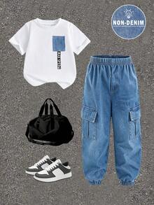 SHEIN Genkimix Kids 男童图案标语印花设计，时尚圆领短袖T恤搭配工装裤套装，适合节日、派对等场合，舒适轻便，适合春夏穿着，休闲街头风，户外野餐，上学，也是馈赠佳品。 - 彩色 - 查看 3