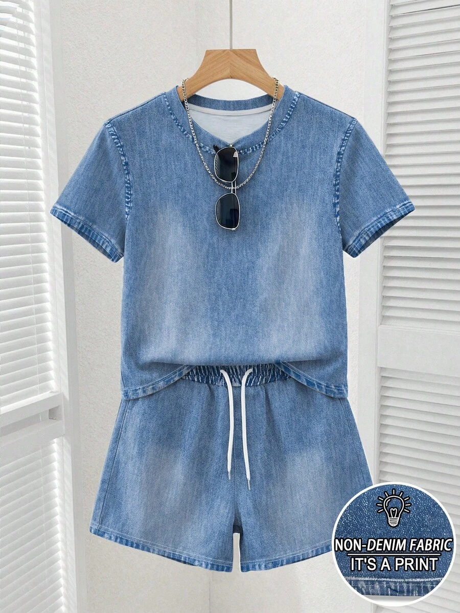 Franclia Loose Fit Contrast Color Round Neck T-Shirt And Shorts Set - Dusty Blue - View 1
