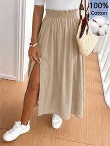 SHEIN Frenchy 女款純色百褶開衩設計休閒百搭裙 - 卡其色 - 查看 1