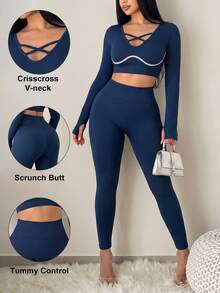 BamGleam Women's Cross Design Long Sleeve Cropped T-Shirt And Leggings Sports Set - Navy Blue - View 2