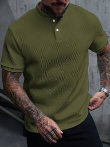 Manfinity CasualCool 男士立領 Polo 衫，針織提花面料，休閒日常穿著，時尚百搭風格 - 綠色 - 查看 3