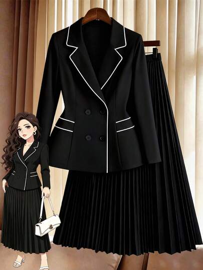 GlowEve CURVE Plus Size Color Block Trim Minimalist Daily Wear Long Sleeve Blazer & Skirt Set
