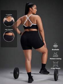 Powerista Women's Plus Size Summer&Spring Gym&Fitness Sportswear Minimalist  Color Block Backless Bra And Fitted Shorts Sports Set With Breathable Mesh Fabric - Black - View 2