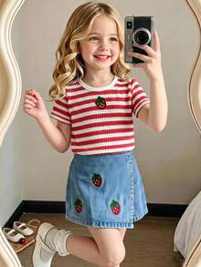 SHEIN Playful Pals 返校季女童休閒可愛圓領標準肩彩色波點彩虹印花T恤與純色牛仔裙褲套裝，夏季 - 紅色 - 查看 5