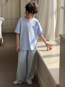 DAZY Tween Boy Summer Casual Comfortable Pocket Tee And Plaid Shorts Pajama Set Spring - Blue - View 2