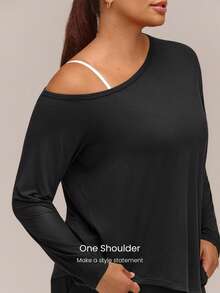 GLOWMODE Plus Size SoftCalm TENCEL™ Modal Getaway Glow Relaxed Fit One-Shoulder Long Sleeve With Asymmetrical Hem Daily Casual Fall - Black - View 3