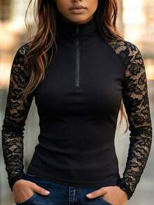 SHEIN Women's Elegant Street Style Blended Fabric Shirt, Zipper Collar, Sheer Lace Sleeves, Versatile Everyday Top - Black - View 6